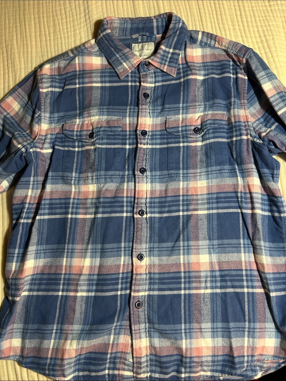 American Eagle Outfitters Blue Plaid Button-Down Shirt with Pink Accents